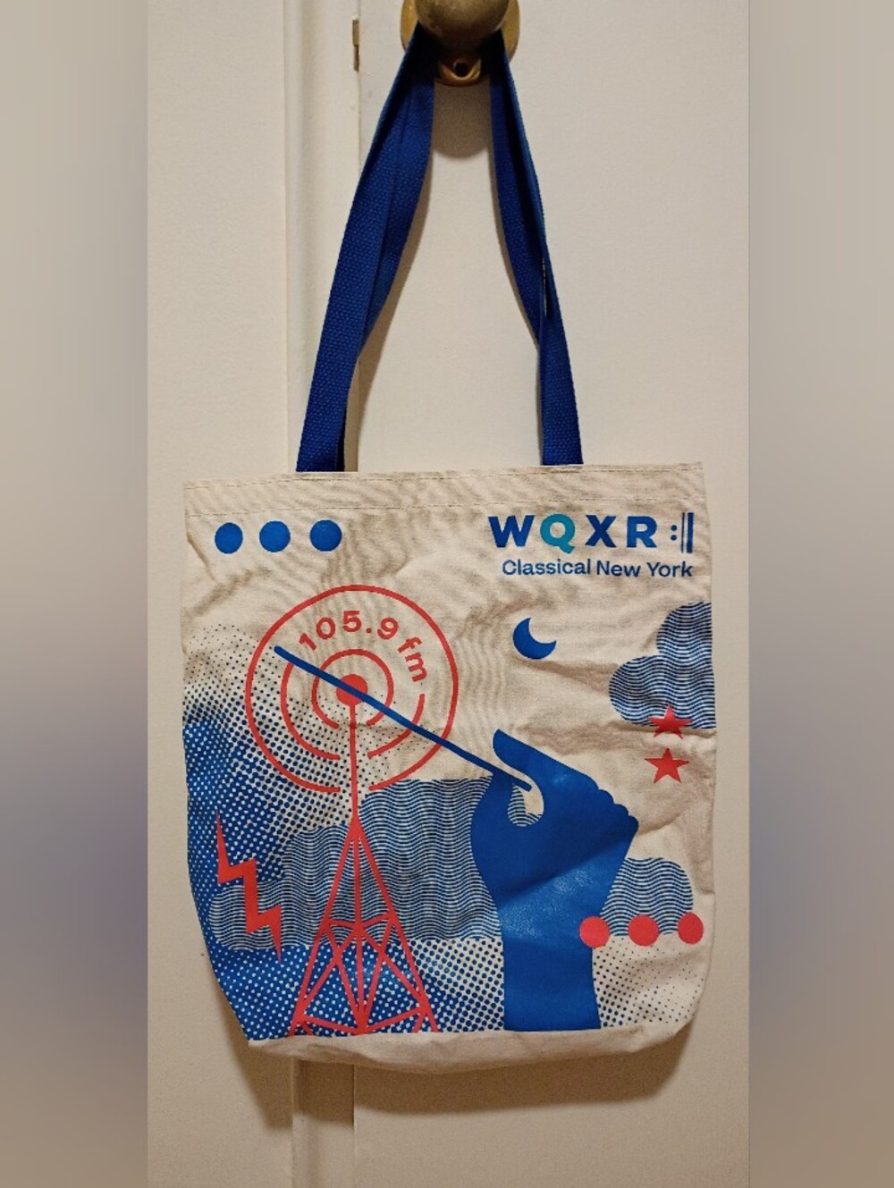 WQXR FM Classical New York Canvas Tote Bag in Blue and Red